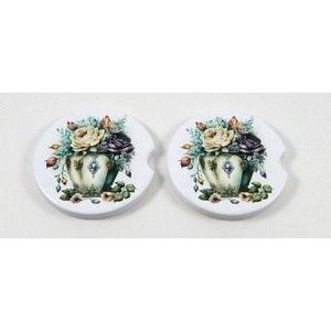 Set Of 2 Flowers In Vintage Vase Absorbent Ceramic Car Coasters 2.75" Coaster